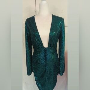 Elegant Teal Sequin Long Sleeve Dress